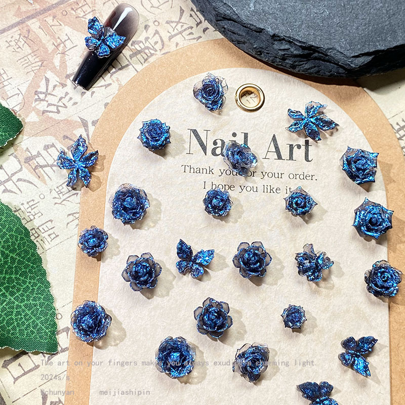 Explosive Fine Flash Dark Blue Flower Nail Art Jewelry Joker Butterfly Jewelry Bracelet Earrings Nail Art Decoration Small Accessories