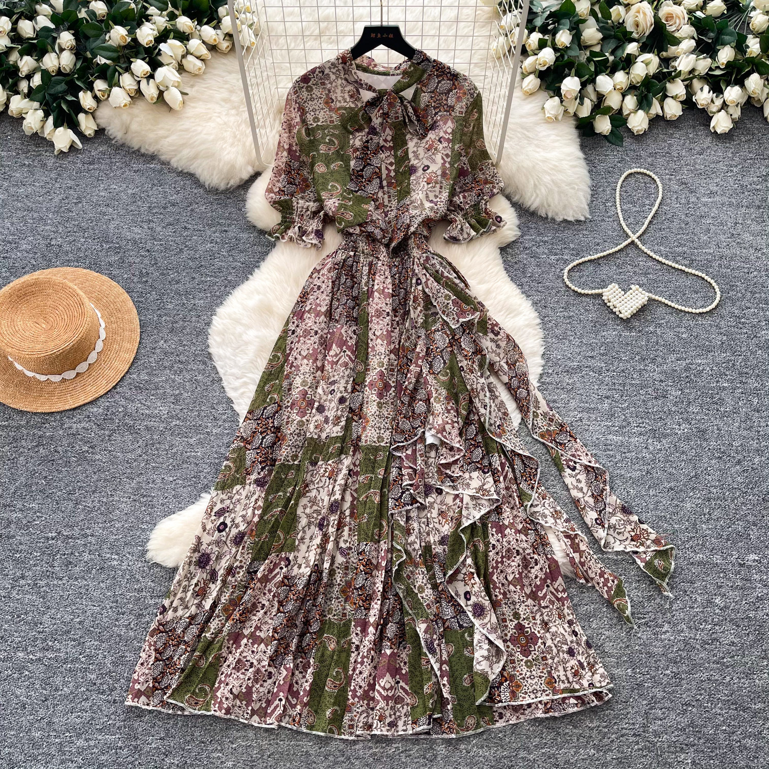 Retro Printed Dress Short Sleeved a Line Skirt Long Slimming Elegant Summer Women's Clothing_ecoleips.com
