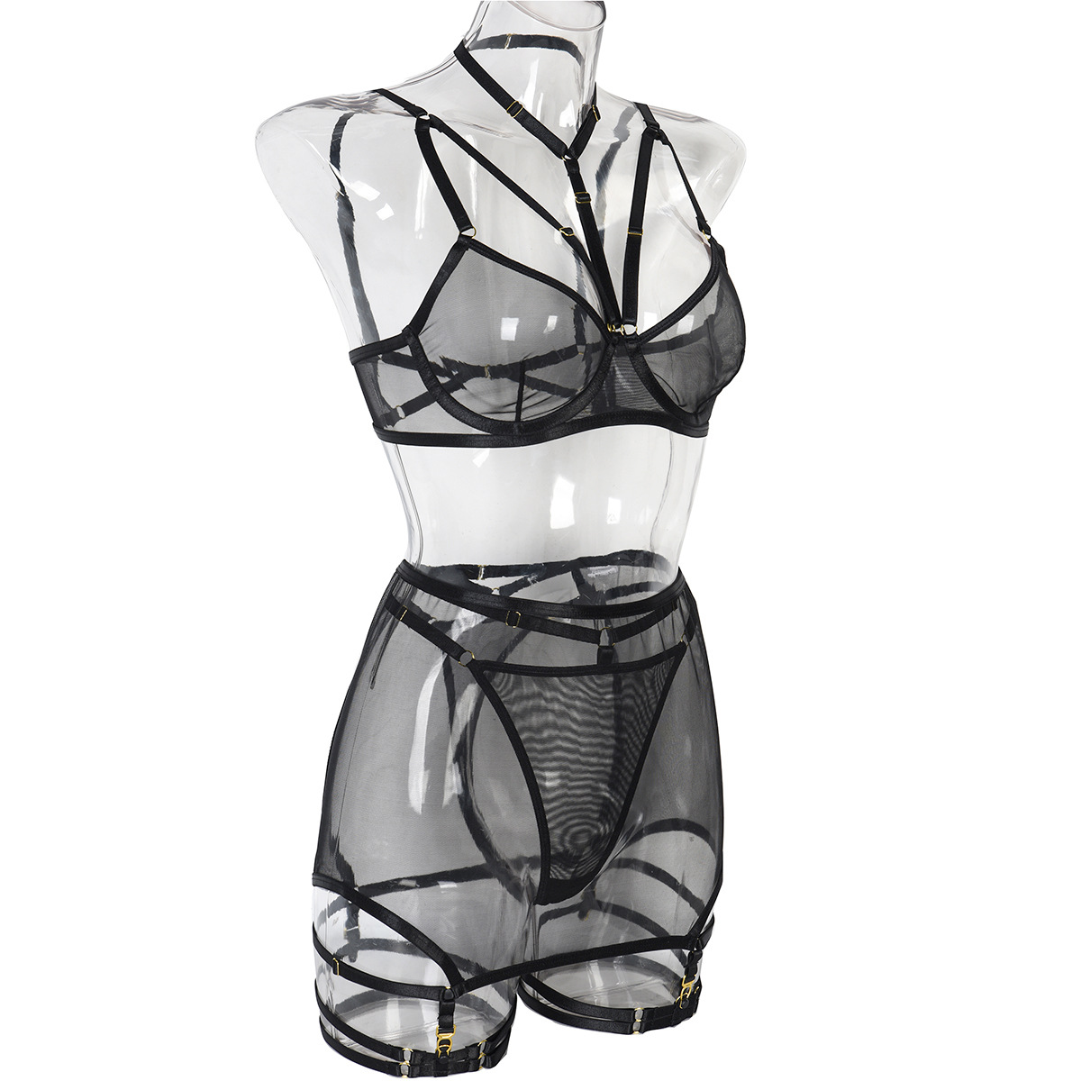 Black Color Sheer Skirted Three Piece Lingerie Set