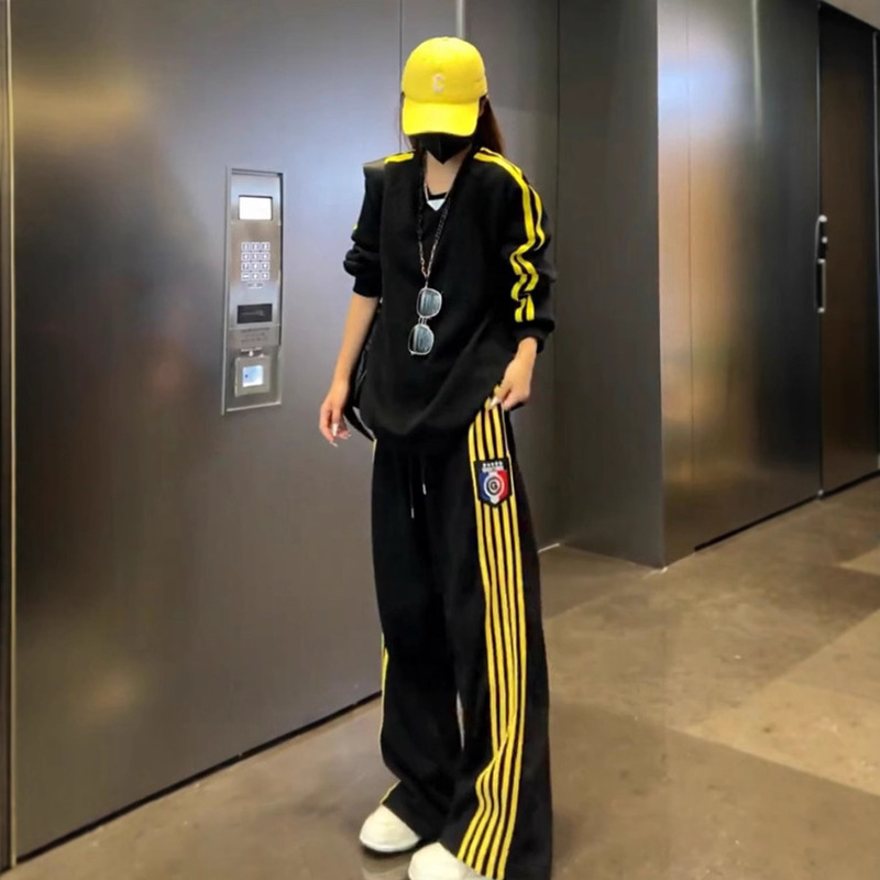 Internet Celebrity Fried Street Fashion Sportswear suit Women's Spring Autumn Winter Loose Round Neck Cotton Sweatshirt Wide Leg Pants Two-piece Set