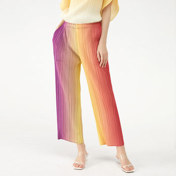 2022 spring and summer literary pleated wide leg pants women loose large size high waist fashion gradient rainbow pants straight trousers women
