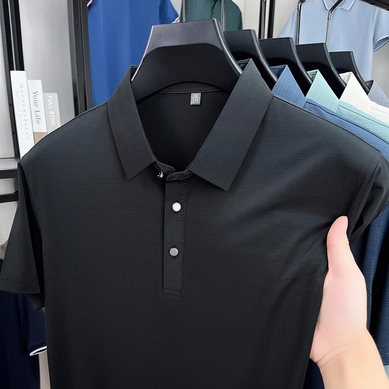 中年男性向け半袖Tシャツ、カジュアル無地ポロシャツ、夏用ラペルアイスシルク通気性半袖トップス、ドロップシッピング|undefined
