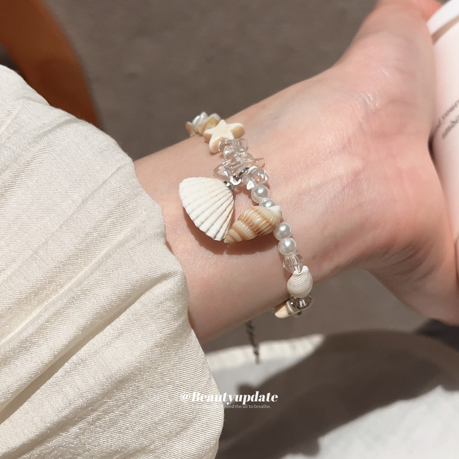 Collar colgante de concha de perlas de cristal de perlas de arroz con incrustaciones de diamantes, cadena de clavícula de viento de vacaciones junto al mar, collar fresco y dulce al por mayor