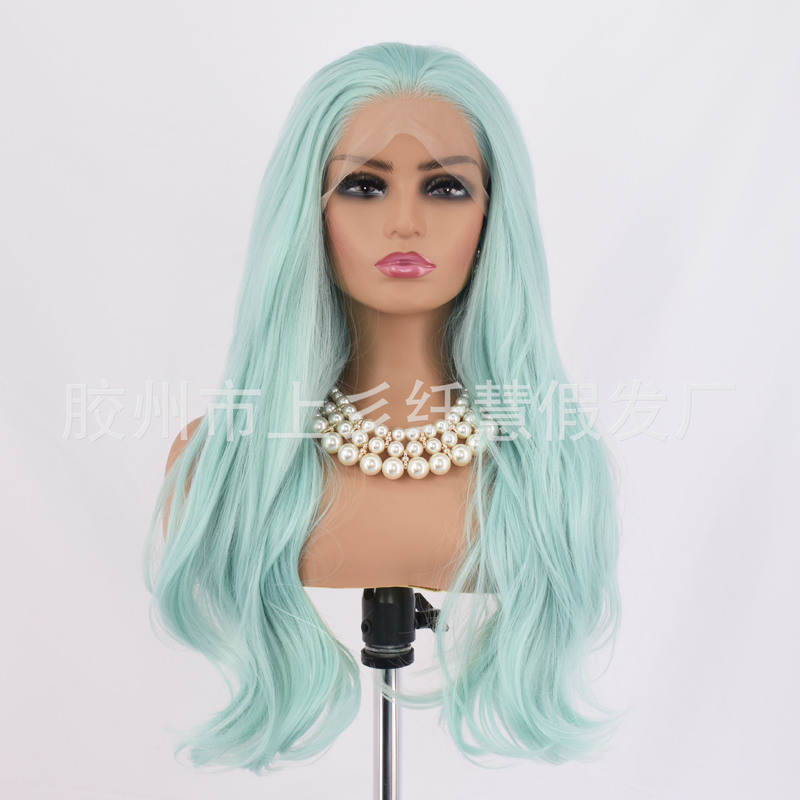 European and American wig front lace ladies big wave headgear 13x 4 big hand hook mint green long curly hair factory wholesale European and American wig front lace ladies big wave headgear 13x 4 big hand hook mint green long curly hair factory wholesale