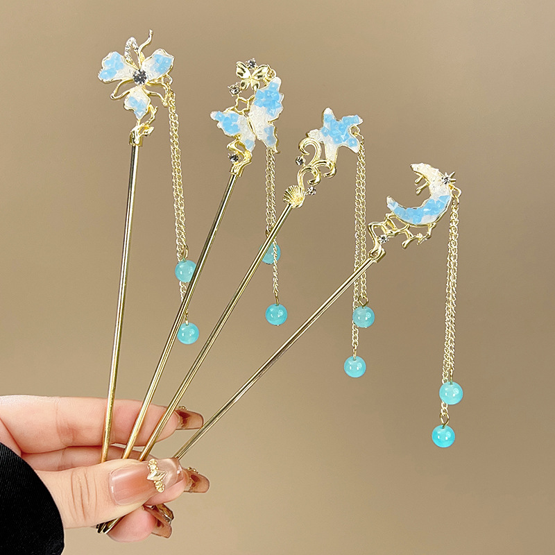 蓝色碎晶石发簪女高级感小众古风流苏清新海洋系列簪子新中式发钗