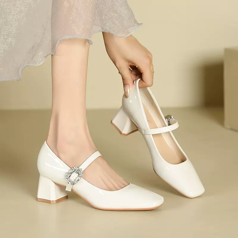 5299-A6 一字包头粗跟单鞋女方头水钻高跟鞋学生正装职业通勤女鞋