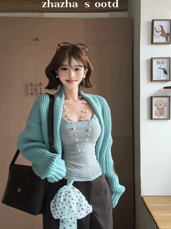 韩系松弛感穿搭蓝色宽松毛衣开衫慵懒风超好看针织衫外套2025秋季|undefined