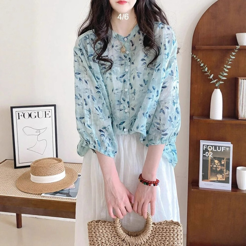Women's new summer shirt, loose, retro stand-up collar, literary and fresh blue-green floral seven-hole sleeve
