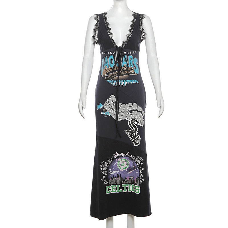 Summer Women Clothing Street Girls Printed V neck Lace up Cutout Loose Dress Women