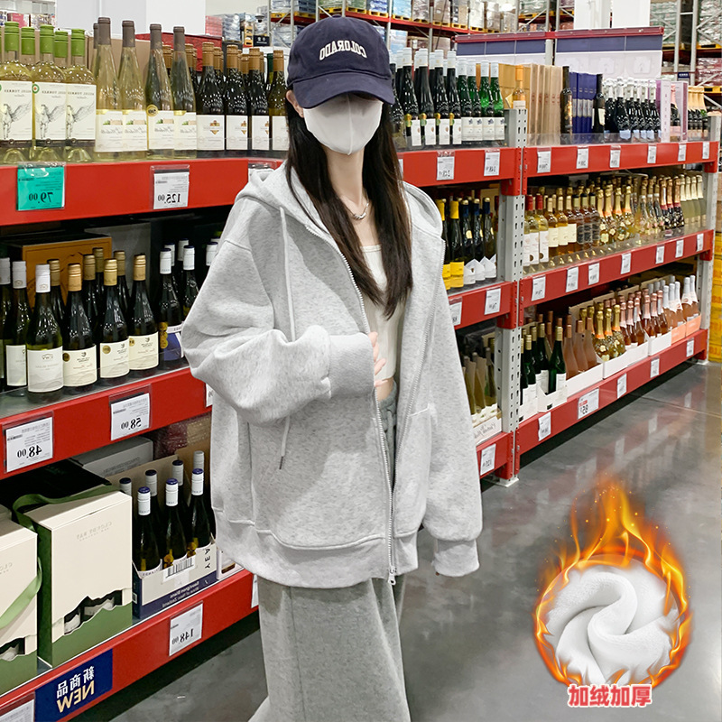 灰色连帽卫衣女秋季2025新款加绒宽松大码上衣开衫小个子拉链外套|undefined