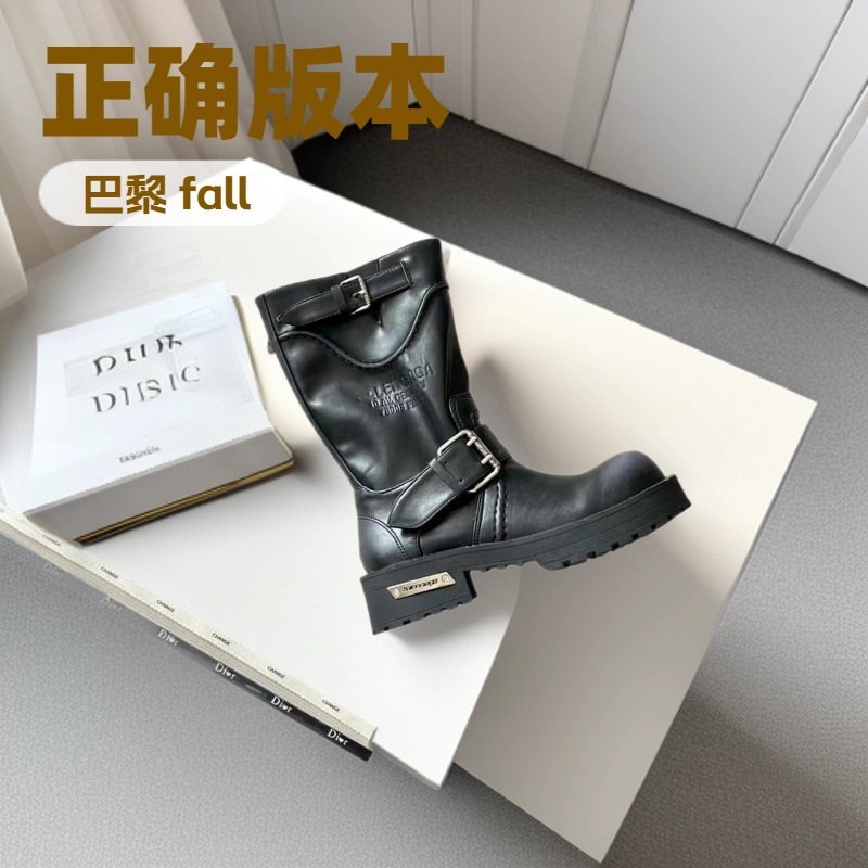 高版巴黎家马丁靴女英伦风皮带扣工装靴防水内增高中筒大码机车靴|undefined