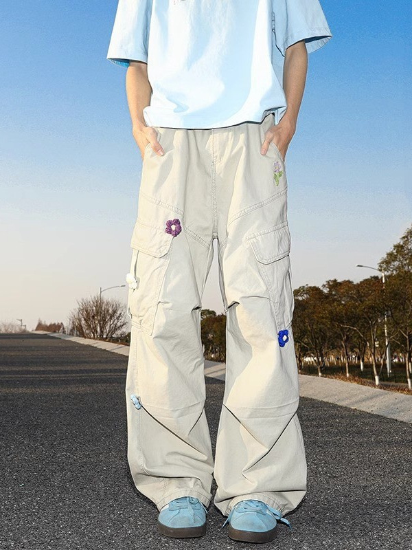 Unique Design Floral Embroidery Cargo Pants for Men, Straight Loose Oversized Pants with a Drapey American-Style Paratrooper Look