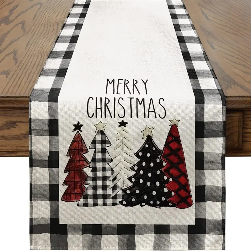Camino de mesa navideño con estampado de muñeco de nieve y Santa