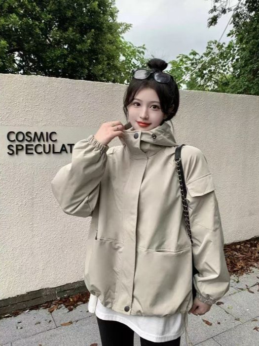 美式复古连帽冲锋衣外套女春秋季设计感休闲宽松工装夹克开衫上衣|undefined