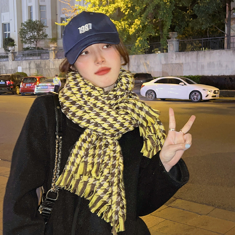 4#深黄色复古格子围巾