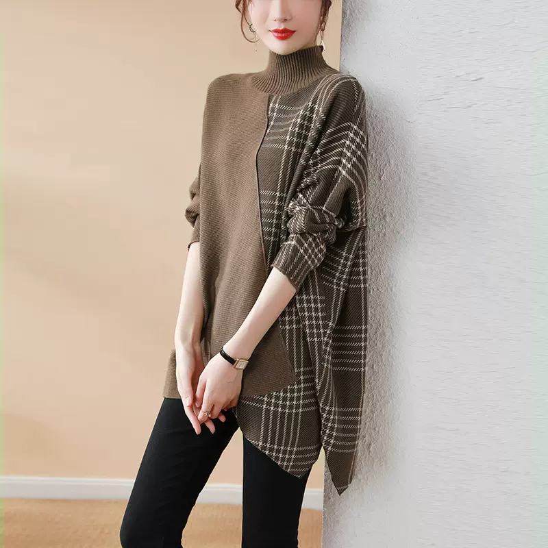 跨境蝙蝠袖毛衣中长款短袖秋装新款宽松高领格子针织打底不规则