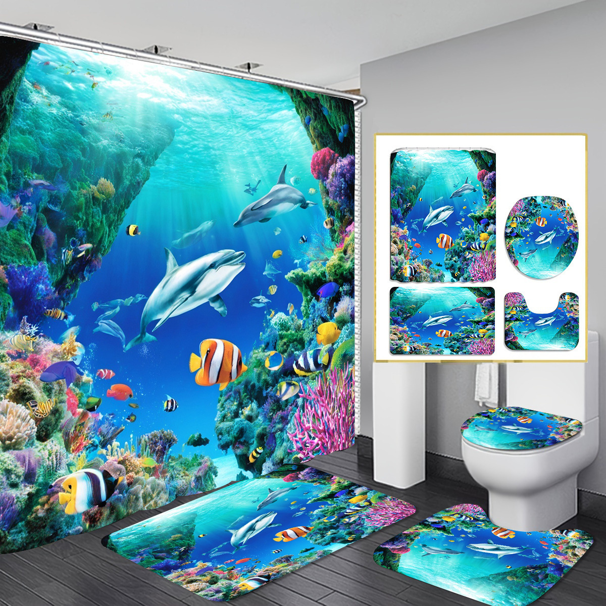 Fuente de fabricantes de cortina de baño transfronteriza de Navidad cuatro piezas cortina de partición de impresión digital vestido de baño