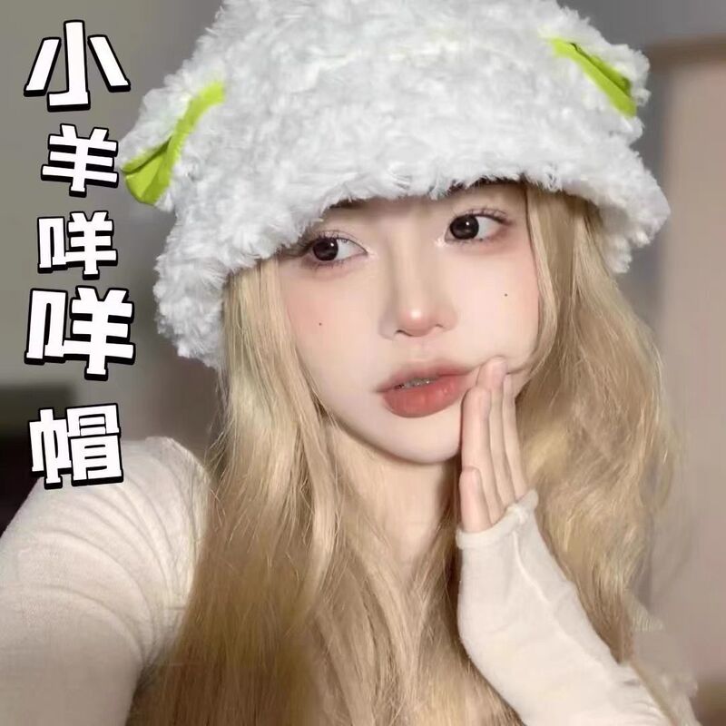 日本のぬいぐるみの帽子の羊の耳の漁師の帽子の女性の秋冬の保温の甘くてかわいい顔の小さい盆の帽子の少女系を現します。|undefined
