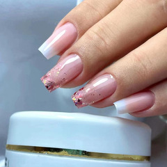 Mid-length flat ballet nails with gradient pure white French-style beauty nails, sparkling pink glitter powder, gentle and cute girl's wear