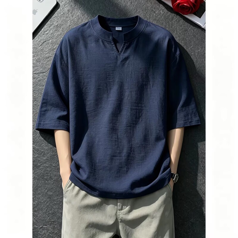 Apricot-colored Tencel linen V-neck short-sleeve men's summer thin old money style cotton-linen T-shirt, faux linen, breathable, regular shoulder, half-sleeve