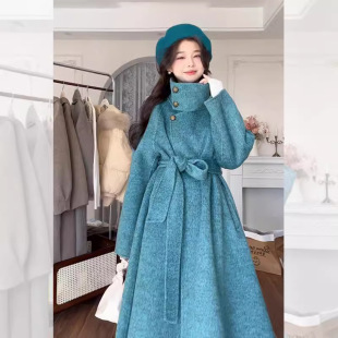 2024 Autumn and Winter New High-grade Peacock Blue Double-sided Cashmere Coat for Women French-style Ladies Wool Coat for Women
