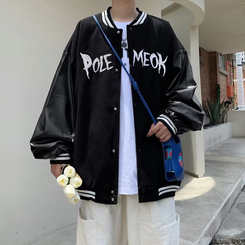 Men's clothing Fashionable retro embroidered baseball jacket ins street couple leather jacket autumn and winter thickened coat_voghion.com