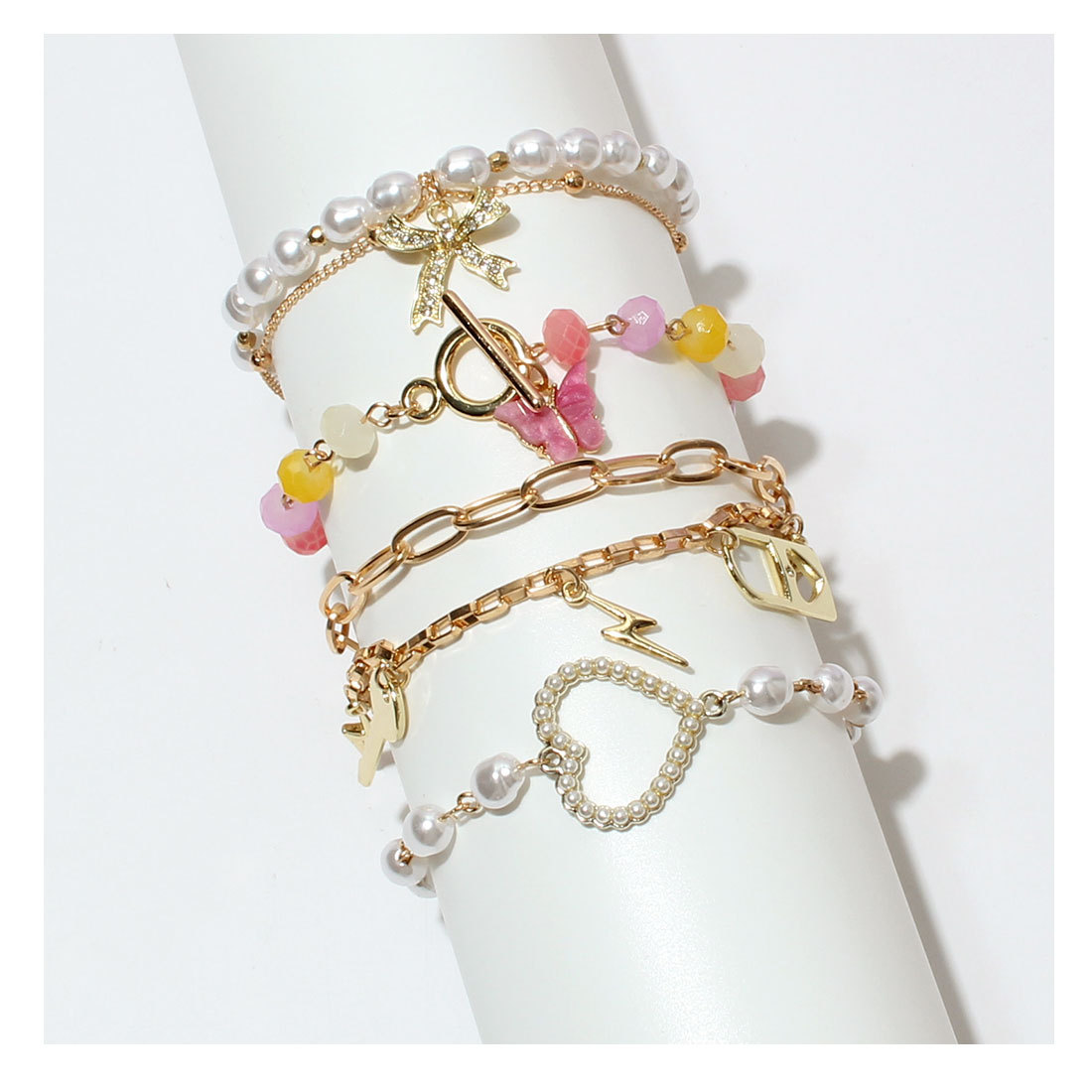 retro Geometric Pearl Bow Heart Padlock Creative Temperament Bracelet