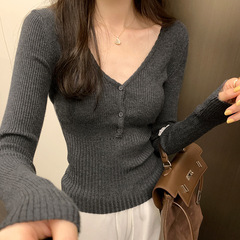 法式V领针织衫女2025秋季新款韩系穿搭毛衣修身内搭打底黑色上衣