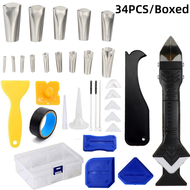 跨境盒装34件套美缝工具3合1金属刮刀填缝涂抹刮板缝隙密封胶处理