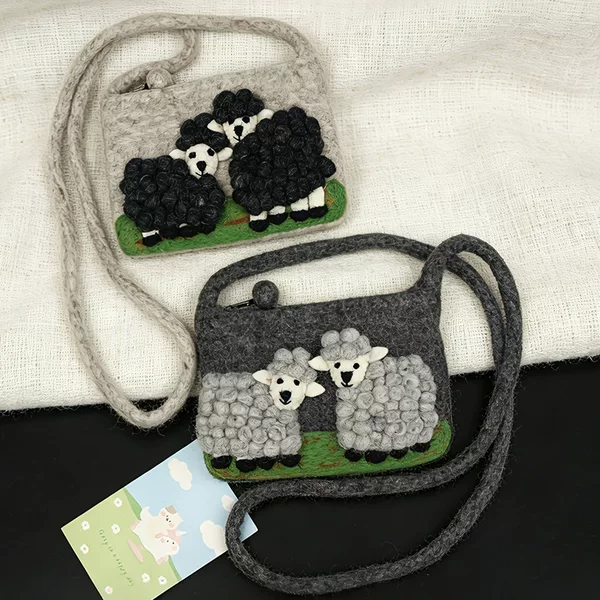 Two Sheep-Themed Nepalese Coin Purses and Card Holders, Fresh Handmade Wool Felt Phone Bags, Portable Crossbody Carry-On Bags
