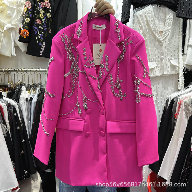 European Style Heavy-Duty Rhinestone-Embellished Mid-Length Blazer for Women, Autumn Loose-Fitting Fashionable Double-Breasted Suit Jacket