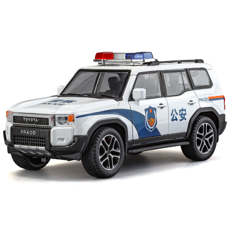 Modelo de coche de policía Prado LC250 a escala 1:24, simulación de vehículo todoterreno de aleación para ejercicios de incendios y juguetes interactivos para padres e hijos.