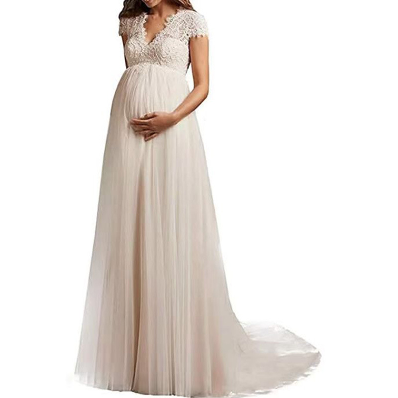 Vestido de novia de comercio exterior para mujeres embarazadas de cintura alta de gran tamaño encaje europeo y americano Mori cola pequeña vestido de novia transfronterizo de Amazon blanco image 1