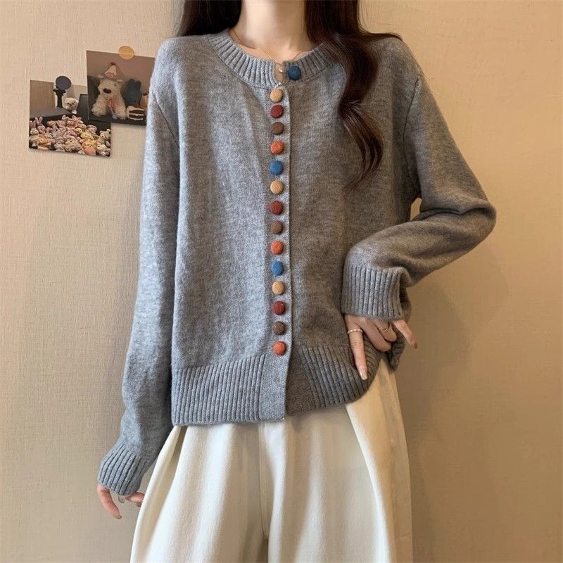 彩色纽扣圆领针织开衫女安可拉红宽松叠穿长袖春秋小香风毛衣外套|undefined