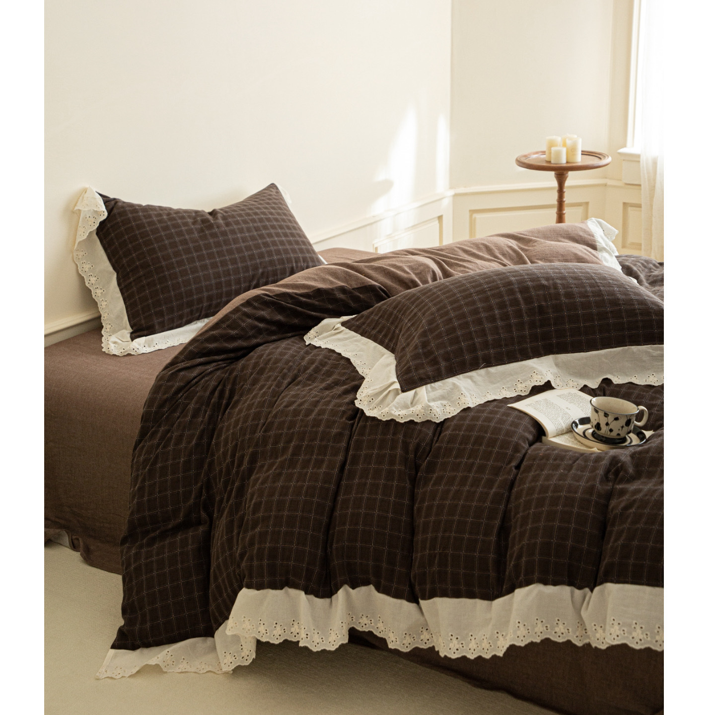 Nordic French Vintage Boho Soft, Color-woven, Washed Jacquard Four-piece Set With French Lace, Pure Cotton Plaid Vintage Duvet Cover, Bed Sheet,_voghion.com