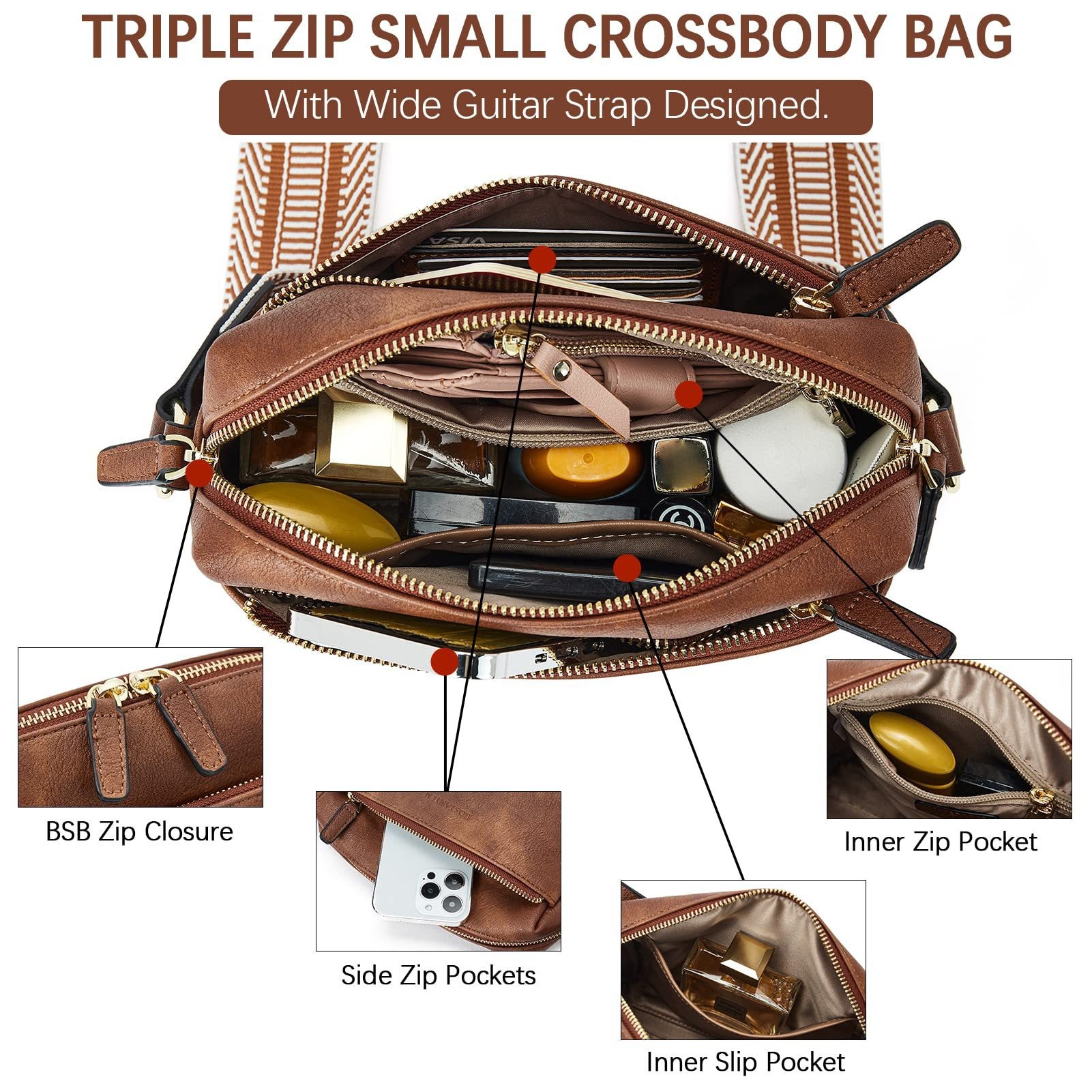 New women's small crossbody bag, three zippered mobile phone newspaper, leather small bag, colored shoulder strap single shoulder bag_voghion.com