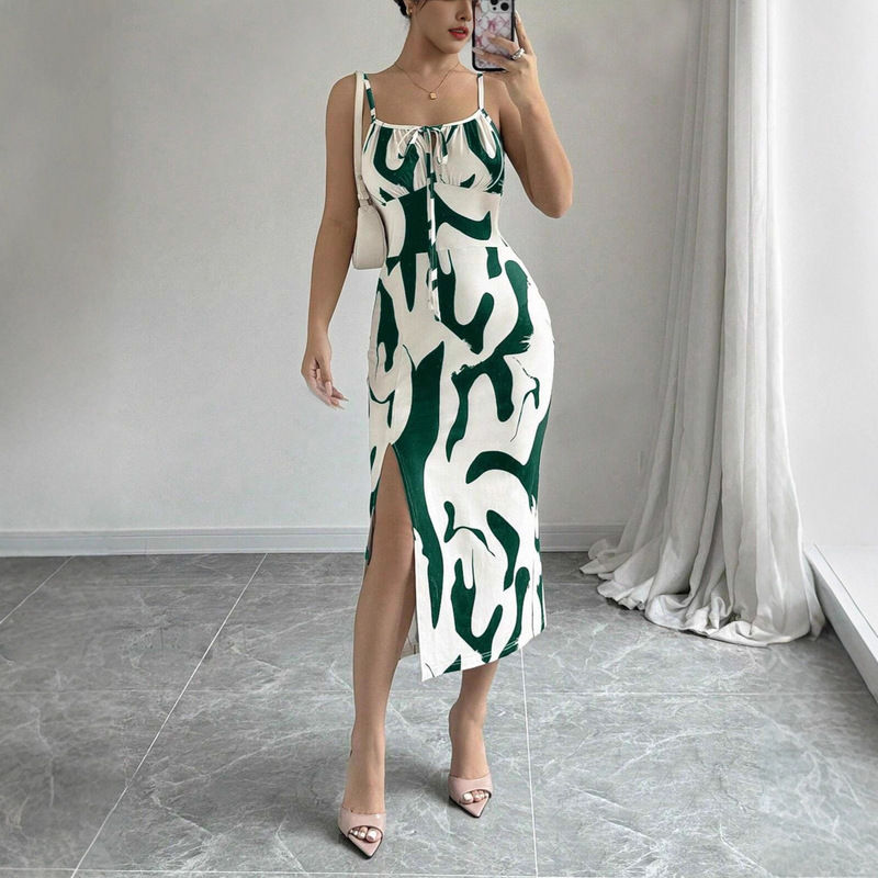 Spring and Summer New Cross-Border Hot-Selling American Amazon Ins Export European and American Style Printed Leopard Print Suspender Dress