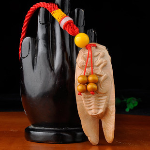 Peach wood blockbuster handle piece golden cicada wood carving wenchang pen tower pendant student hanging schoolbag desk ornaments