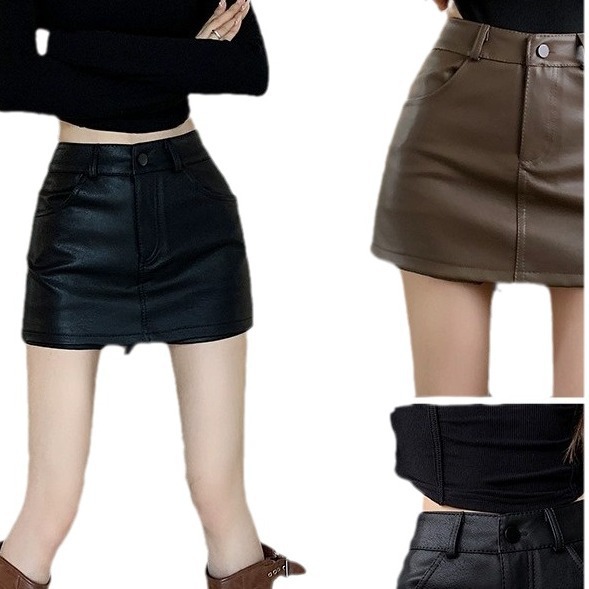 Brown PU leather skirt skirt women's autumn and winter New High waist slimming hip skirt hot girl short skirt anti-exposure