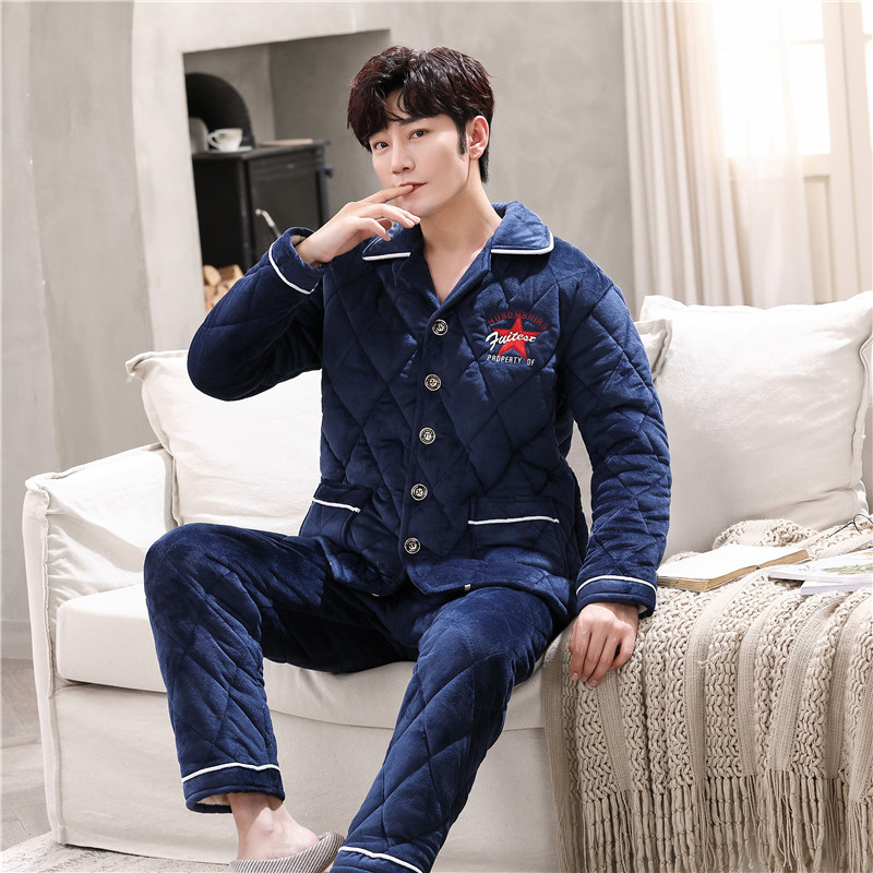 Cold winter men's pajamas winter fleece-lined thickened flannel three-layer quilted warm home wear suit