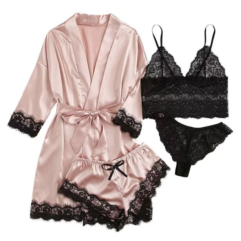 Женская Ночная Women's Lace Pajamas Set Sexy Home Wear Four-Piece Set