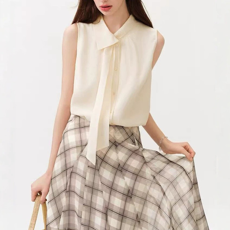 Fansilanen French-Style Commuting Asymmetrical Tie Collar Sleeveless Shirt for Women, New Summer 2026, Loose Fit, Slimming Blouse Fansilanen French-Style Commuting Asymmetrical Tie Collar Sleeveless Shirt for Women, New Summer 2026, Loose Fit, Slimming Blouse
