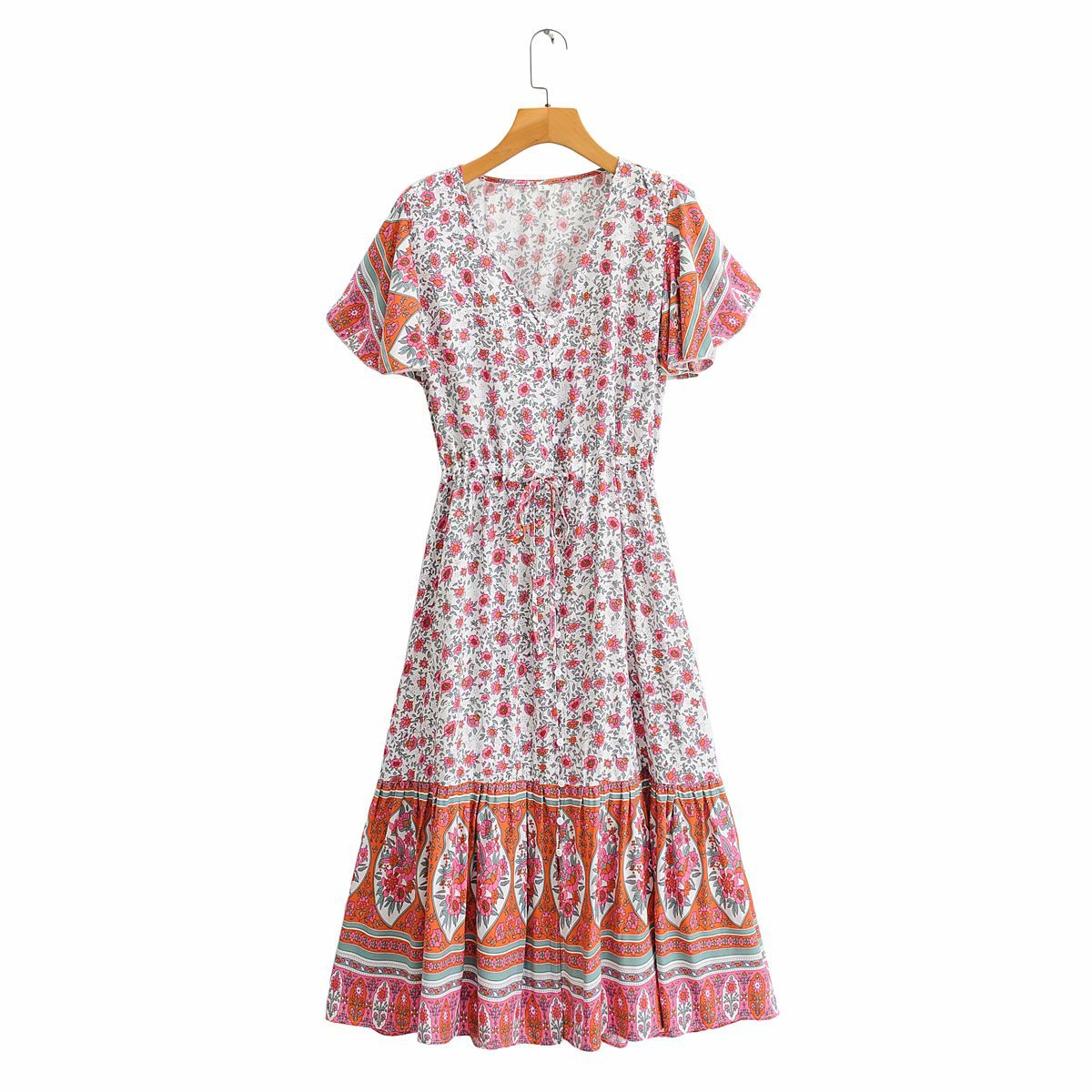 vestido con cuello de pico y cordones con estampado étnico retro NSAM33968