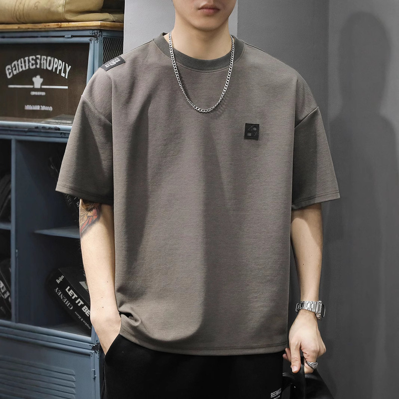 Simple Round Neck Short-sleeved T-shirt Men's Summer Trendy Brand Ins Solid Color Half-sleeved Loose Breathable Casual All-match Printed T-shirt