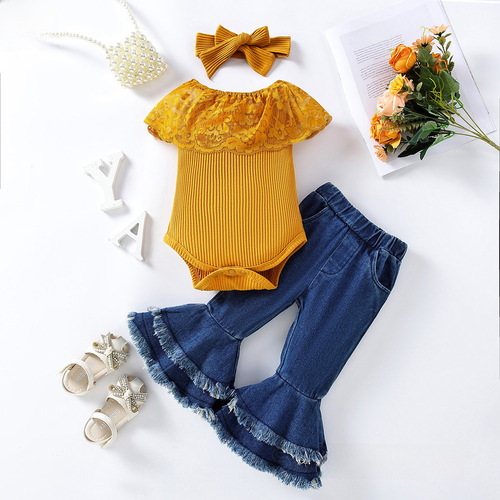 INS Summer New Girls' Set 0-3 Years Old Fashion Children's Yellow Sleeveless Top + Denim Bell Bottoms Two-Piece Set