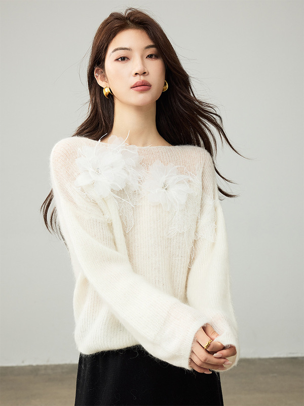 【白天鹅】花朵钉珠马海毛毛衣女2025新款女装秋高级感羊毛针织衫|undefined