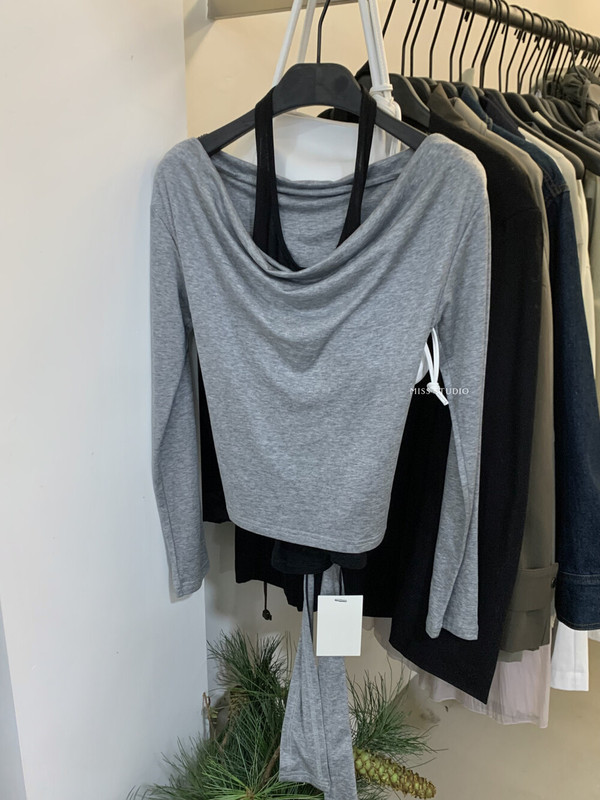 【MISS密思家正品店】净版挂脖背心+露肩荡领舒适小衫套装89028|undefined