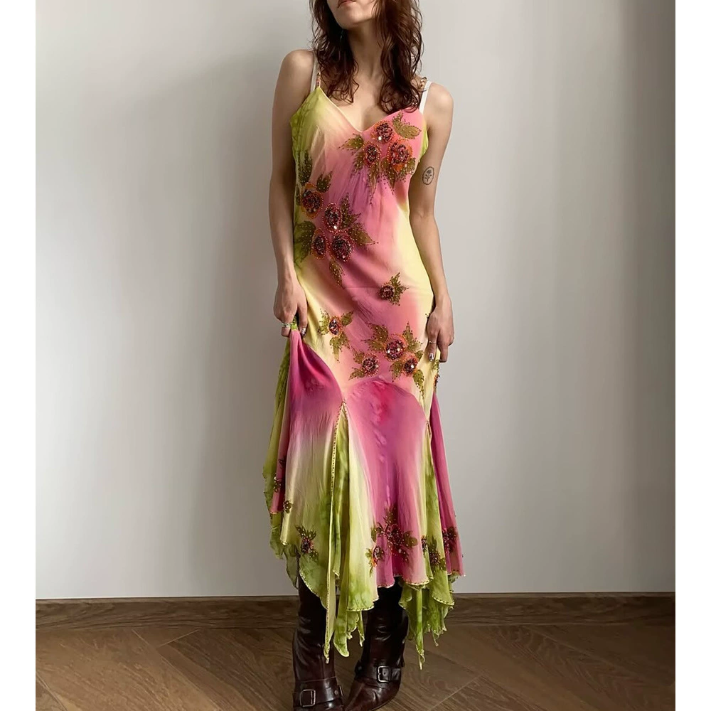 2025 Amazon трансграничная юбка на подтяжках с рюшами и элегантным летним платьем с цветочной вышивкой и пайетками