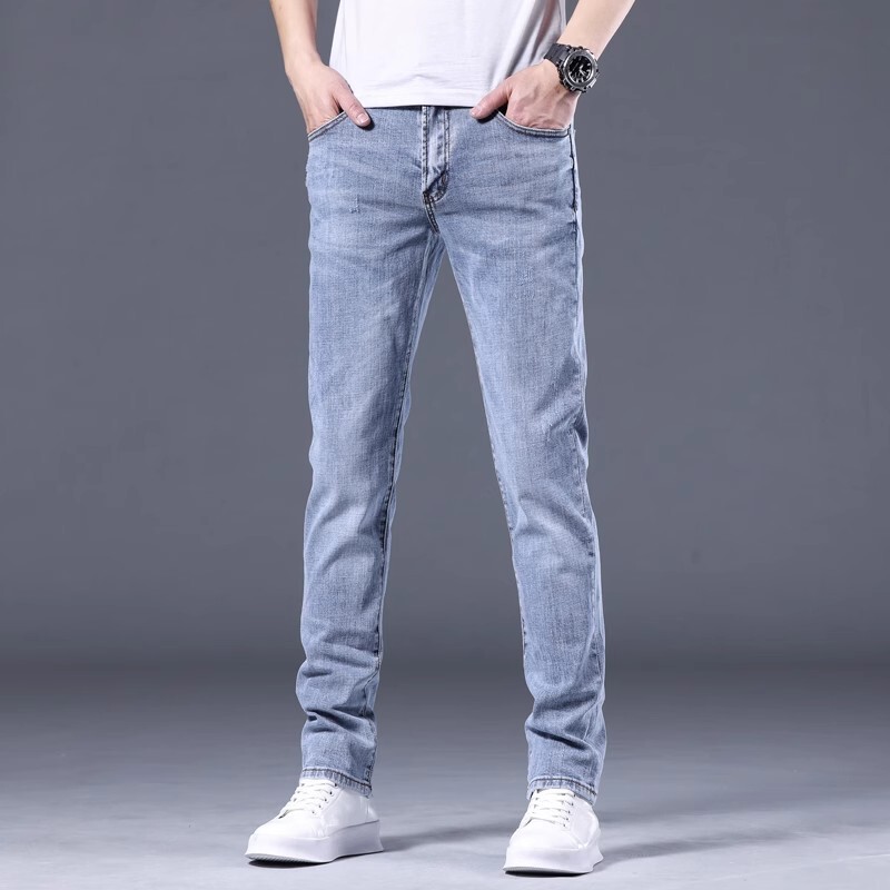 Hong Kong High-End Spring Light Blue Men's Slim Straight Stretch Jeans Versatile 2026 New Casual Long Pants
