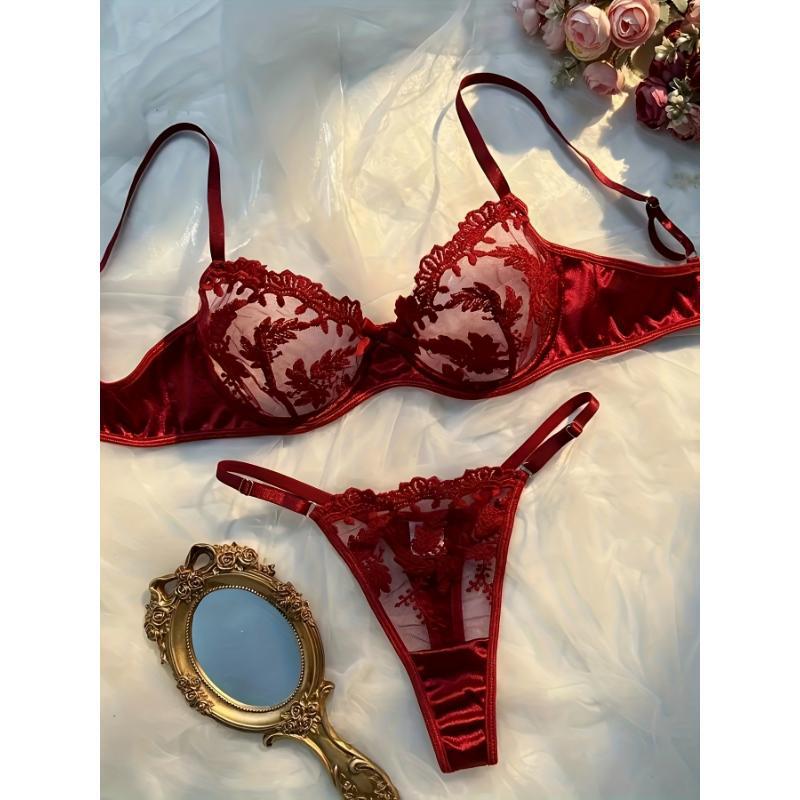 C346 Dropshipping Aliexpress Amazon Cross-Border New Bra Set Valentine's Day Wine Red Flower Thorns
